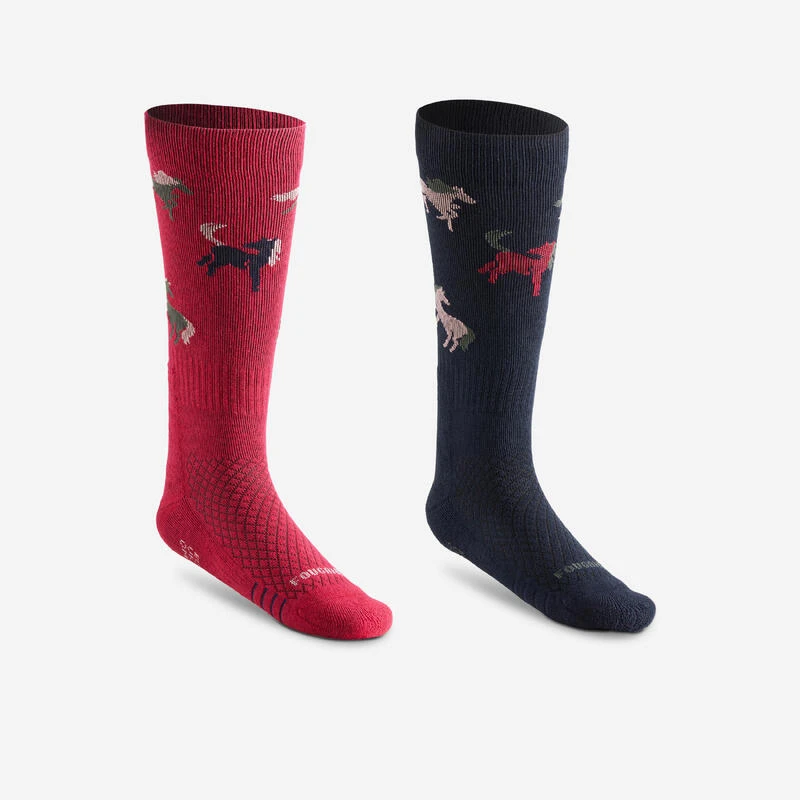 Chaussettes D'équitation Enfant SKS 500 Motifs Poneys Marine Et Rose. Lot De 2 1 Chaussettes D'équitation Enfant SKS 500 Motifs Poneys Marine Et Rose. Lot De 2