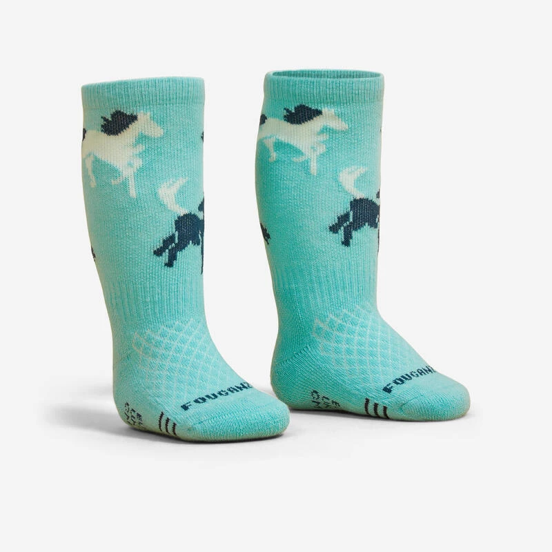 Chaussettes équitation 500 BABY Turquoise Et Vert Avec Motifs 1 Chaussettes équitation 500 BABY Turquoise Et Vert Avec Motifs