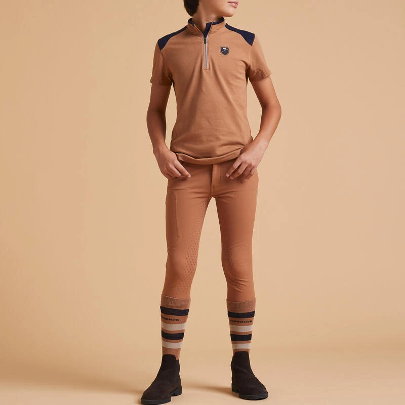 Polo équitation Manches Courtes Zippé Enfant - 500 Caramel 2 Polo équitation Manches Courtes Zippé Enfant - 500 Caramel – Image 2